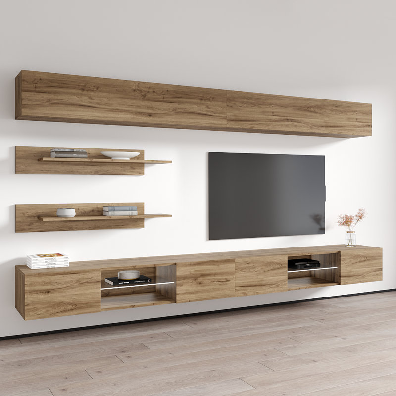 Livermore 126" Modern Floating Wall Mounted Entertainment Center with 16-Color LED Lighting, High Gloss Finish, Oak