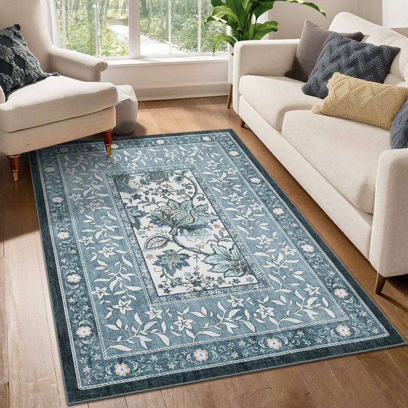 Washable Rugs for Living Room Farmhouse Floral Indoor Rug with Non Slip Backing, Non Shedding Low Pile Bedroom Carpet, Vintage Floor Mats for Nursery, Kitchen, Office