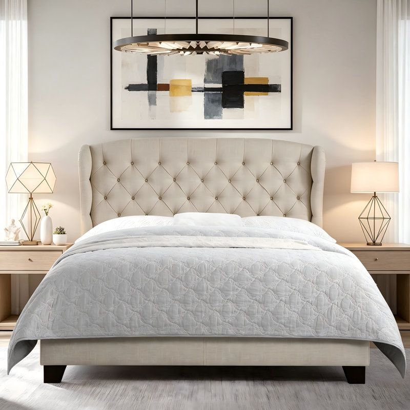 Lit tapissier en tissu à hauteur réglable, cadre de lit plateforme capitonné - Robuste et élégant pour la chambre principale