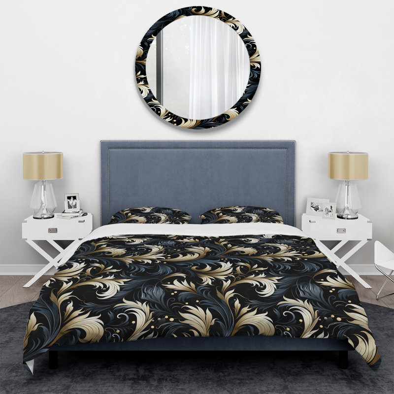 Greilicksville damassé noir et gris Calligraphy Flourish - ensemble de housse de couette damassé - microfibre de polyester