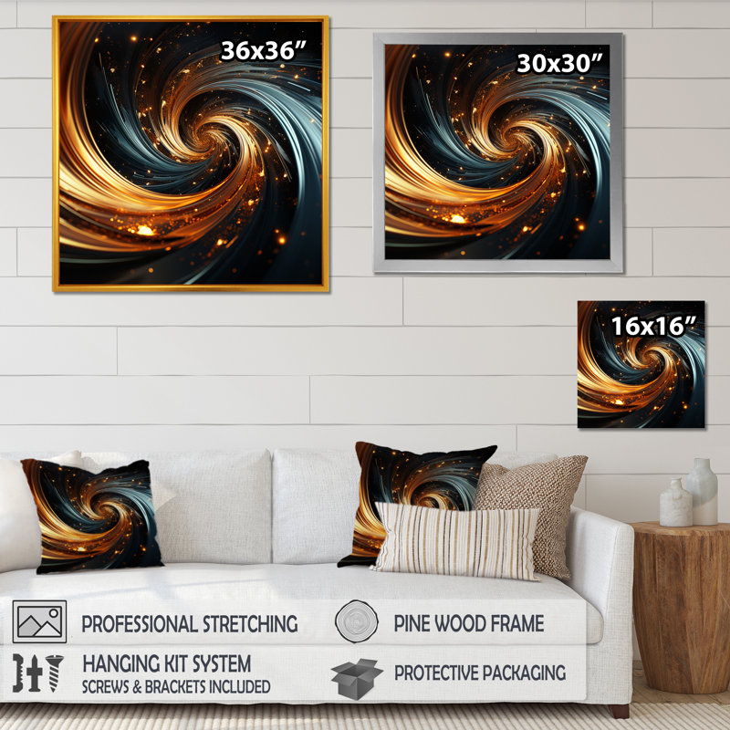 «Gold» et «Hypnotic Abstract Spiral I» - Art mural spirales abstraites, Cadre flottant noir, 16" H x 16" W