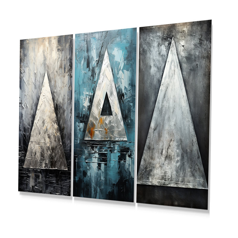 Triangle Trance Shimmering Silver - formes abstraites, ensemble de 3 reproductions d'art mural en métal, H 28 po x l 36 po