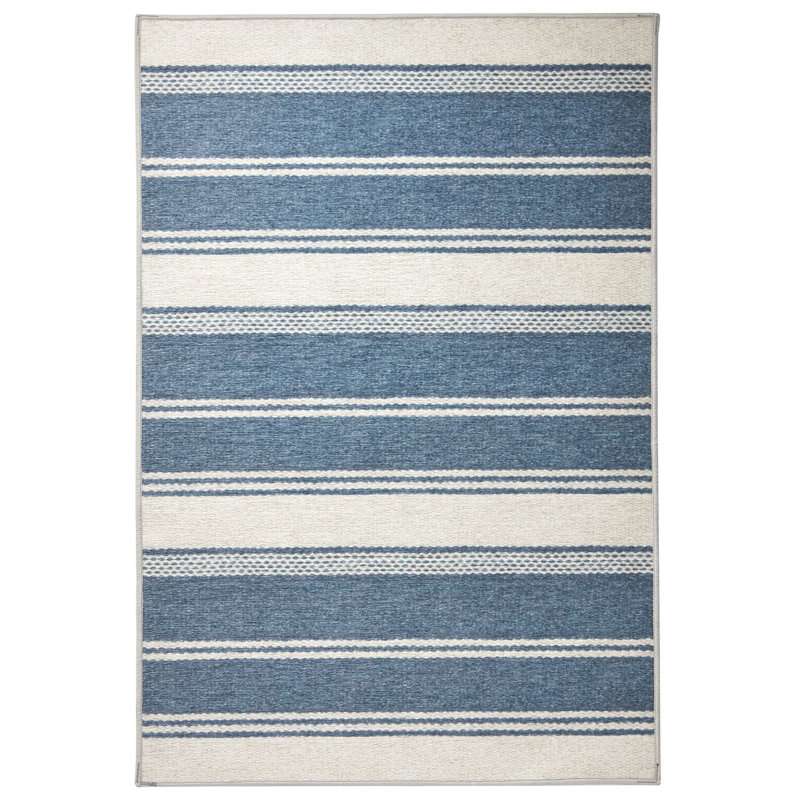 Bowman Machine Printed Polyester Striped Area Rug in Blue/White, Rectangle 6' x 9'