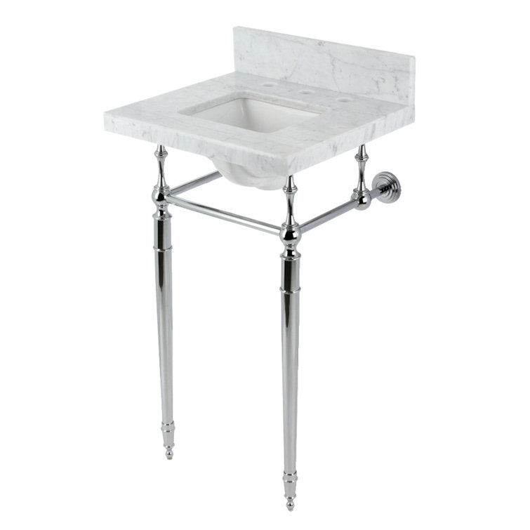 Edwardian Marble White/Polished Chrome Metal Rectangular Console Bathroom Sink with Overflow