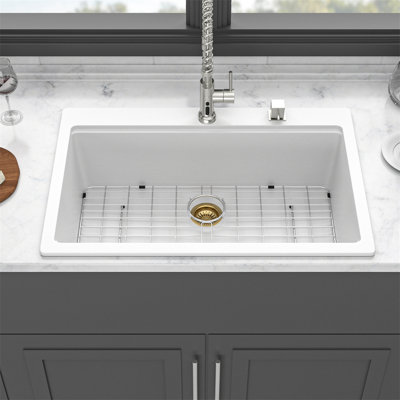 Quartz Kitchen Sink - 33X22" White Granite Composite Workstation Drop-In Kitchen Sink