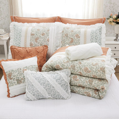 Édredon 9 pièces grand corail - coton, imprimé cachemire, 2 taies décoratives, 3 coussins décoratifs Euro, coton doux Tear-Dawn``