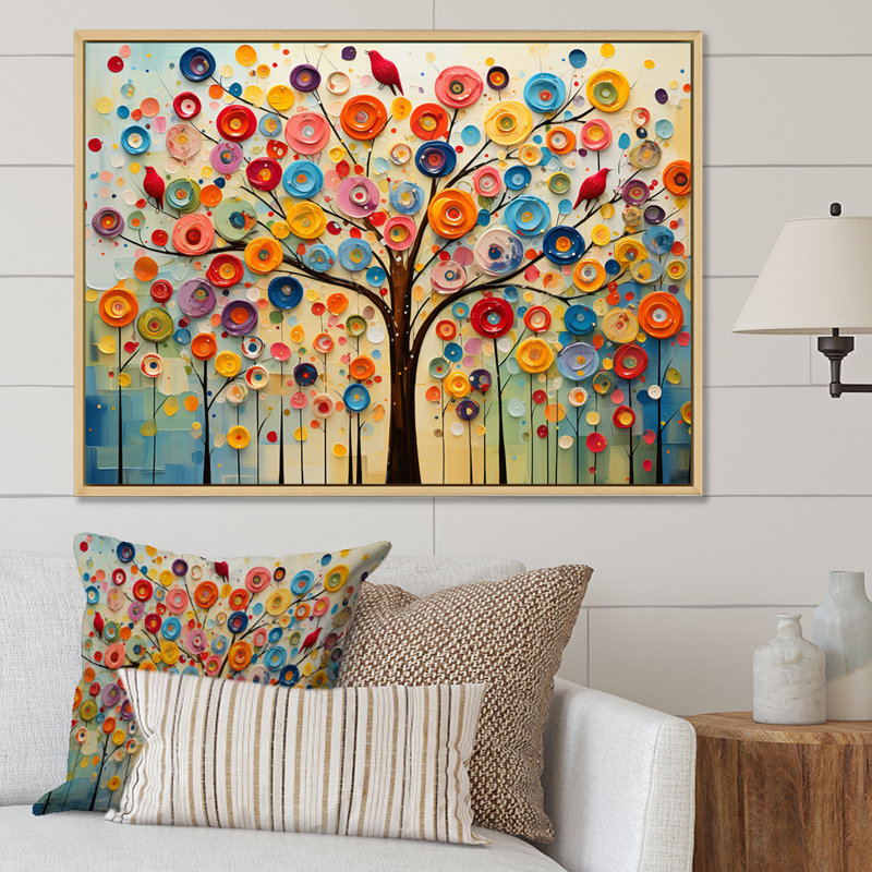 Arbre abstrait coloré 3 - Art mural africain, Cadre flottant blanc, H 30 po x l 40 po x P 1,5 po