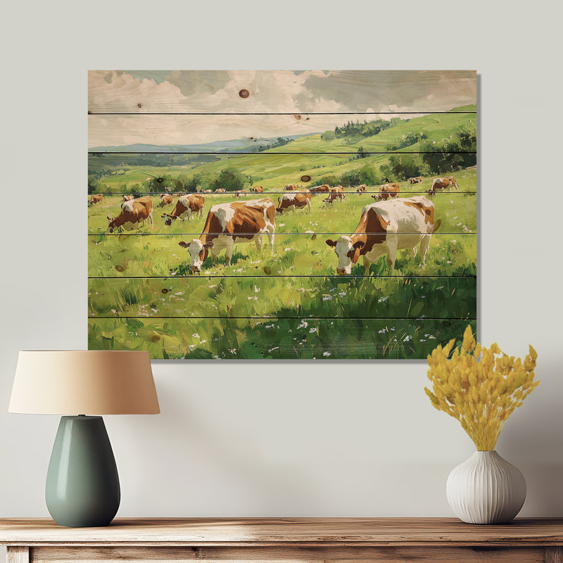 Cows in the pasture - Art mural en bois campagne - sur bois de pin naturel, H 34 po x l 44 po x P 0,78 po