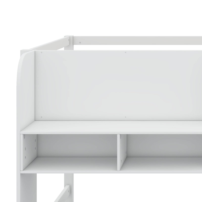 Full Size Low Loft Bed With Integrated Desk, Storage Cabinets, Open Bookcase + Graffiti Whiteboard, White