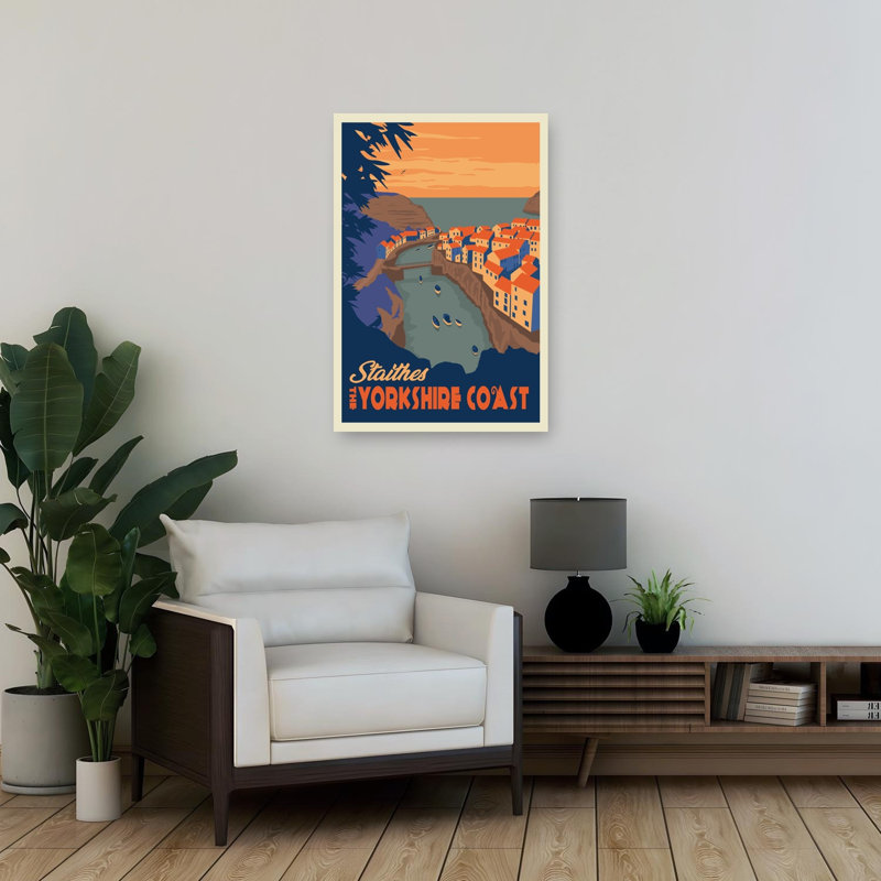 Staithes, Yorkshire, vue côtière, affiche murale abstraite rétro vintage représentant un paysage côtier, H 36 po x l 24 po