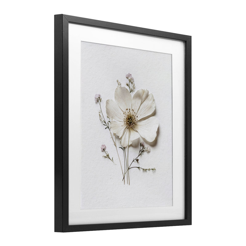 Simple fleur pressée encadrée sous verre, design par lettré et doublé, H 21 po x l 17 po, Cadre noir minuit