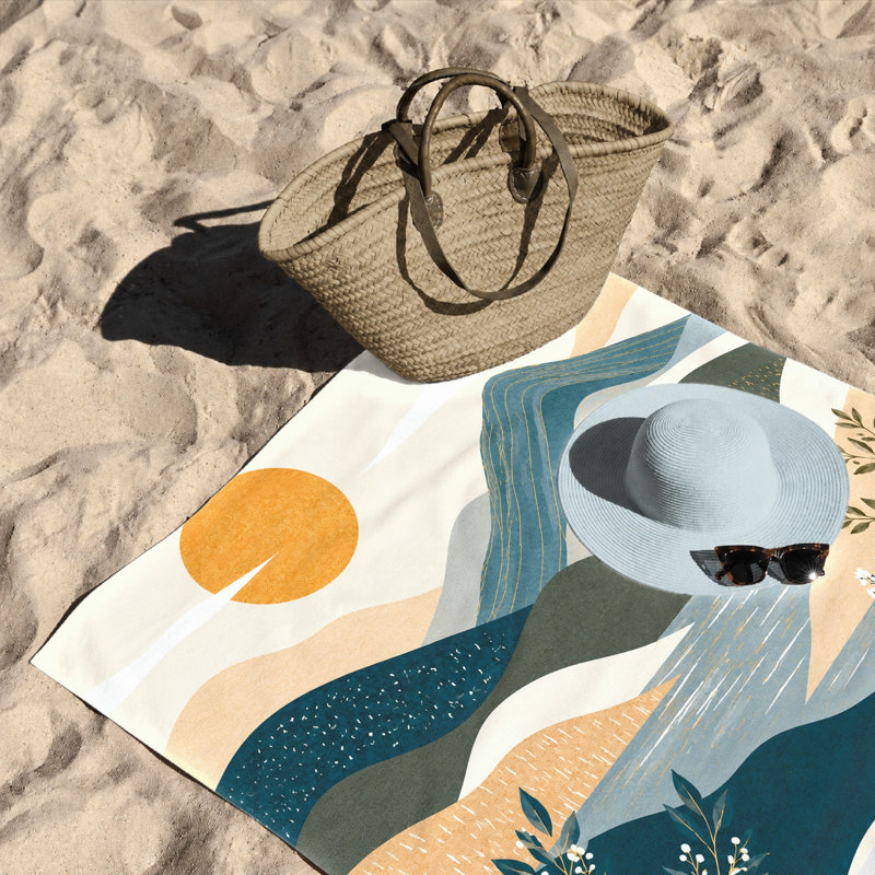 Serviette de plage 1Pcs, avec un paysage serein avec des collines et une rivière sous un soleil éclatant, parfaite pour les sorties, les voyages et les aventures en plein air.