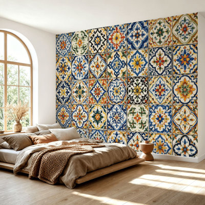 Wall Mural Peel and Stick Wallpaper colorful vintage ceramic tiles wall decoration turkish ceramic tiles Self-Adhesive Removable Contact Paper Wall Decor for Living Room Bedroom 69"H x 96"W
