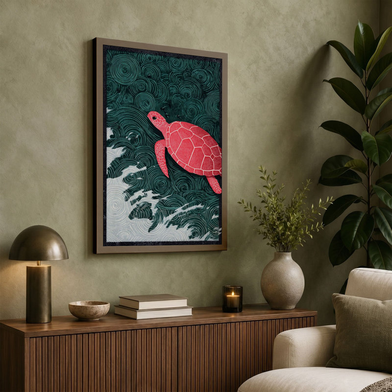Drifting Turtle Coastal 1 Piece Wrapped Canvas Wall Art, 30x20 - 76.2 x 50.8 cm, Taupe Border
