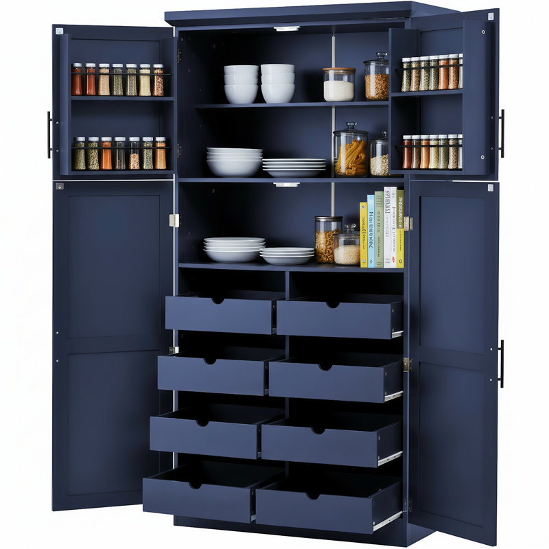 Grande armoire à quatre portes avec tablettes à double couche, huit plateaux coulissants et tablettes réglables de 70,9 pouces de hauteur
