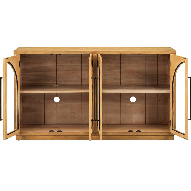 Buffet arqué à 4 portes avec verre et tablettes réglables, Aura rétro, bois naturel, pour un usage domestique, look, essentiel