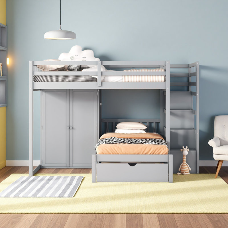 Lit superposé double au-dessus de simple avec garde-robe et tiroirs, Gris