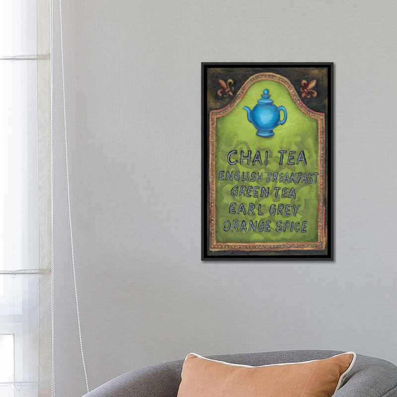 « tea », art textuel sur toile tendue, H 26 po x l 18 po x P 1,5 po, Toile avec cadre noir, Pas de tapis