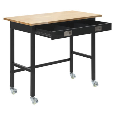 Établi de 122 cm (48 po), capacité de charge de 680 kg (1 500 lb), établi de garage avec tiroir de rangement et roulettes, établi d'atelier sur roulettes, table de travail robuste en chêne massif pour garage, atelier, bureau et maison
