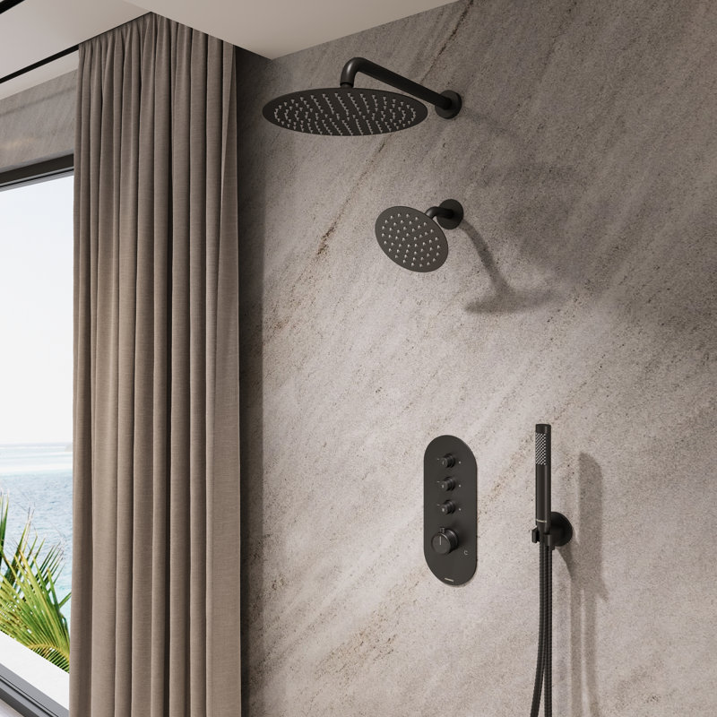 Angelsey Thermostatic Shower System with Push-Button Valve, Dual Shower Head and Hand Shower, Matte Black
