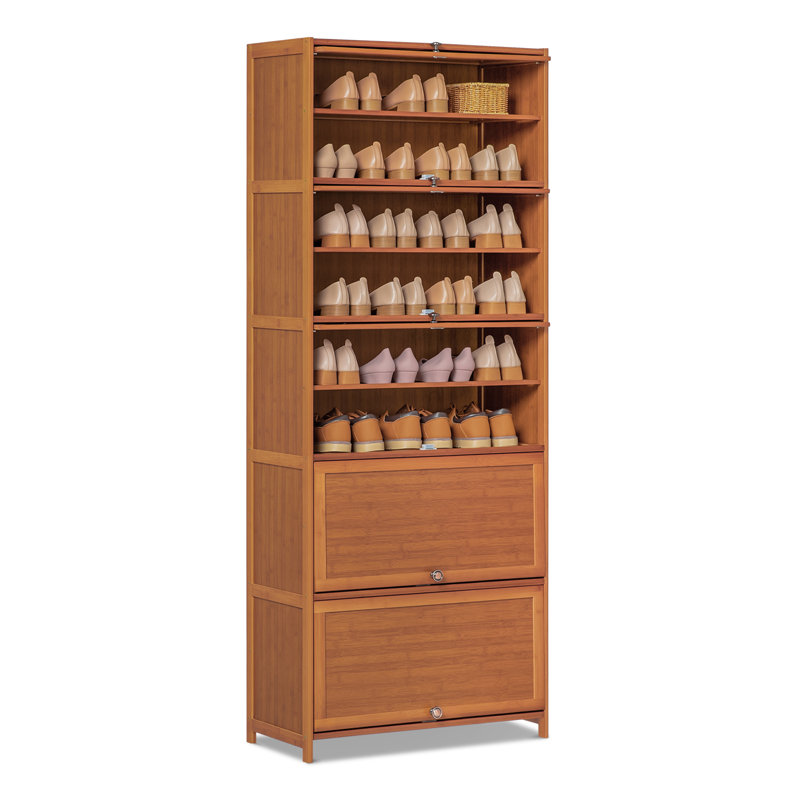 Brown Bamboo 10-Tier Shoe Cabinet with Pull-Down Doors