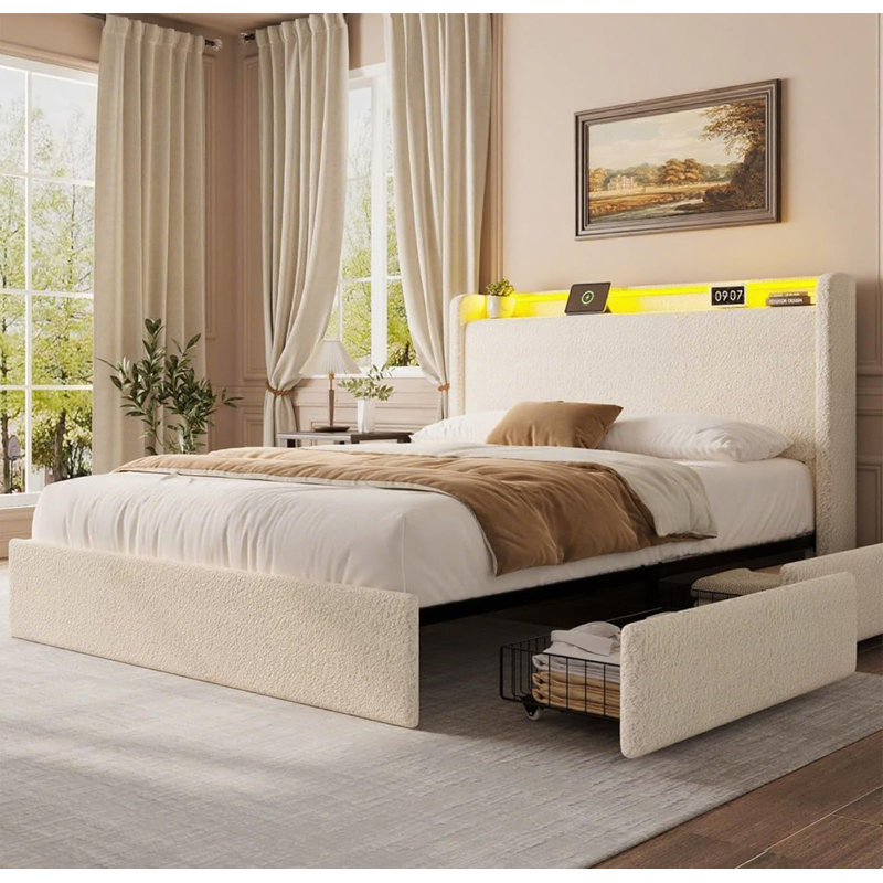 Bed Frame with Headboard, Charging Station, Upholstered Bed Frame with LED Lights, 4 Drawers, Beige, Queen