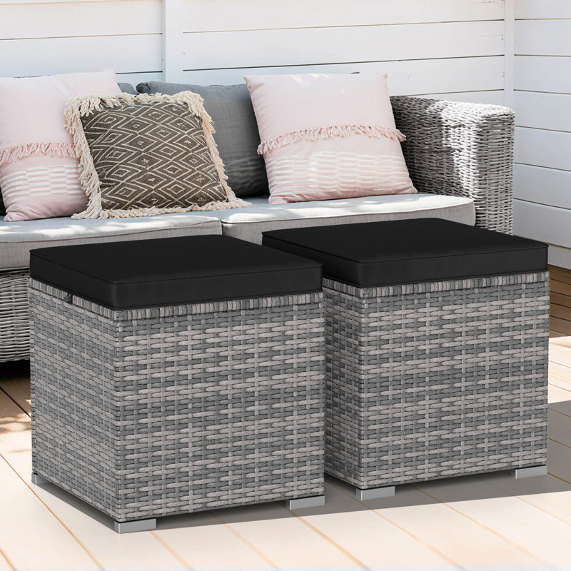 2PCS Patio Rattan Ottomans Seat Side Table Storage Box Footstool with Cushion Black, Black