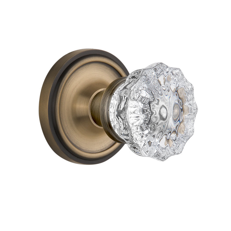 Clear Crystal Interior Mortise Door Knob with Classic Rosette, Antique Brass