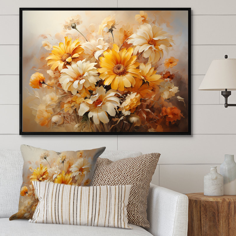 Impression romantique sur toile, tournesols beiges beige IV, H 12 po x l 20 po x P 1 po, Cadre flottant noir
