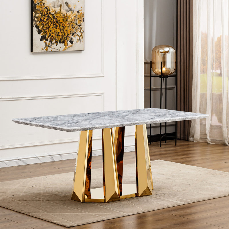 Table de salle à manger rectangulaire en faux marbre avec base en acier inoxydable et pieds en miroir, Gris, Doré