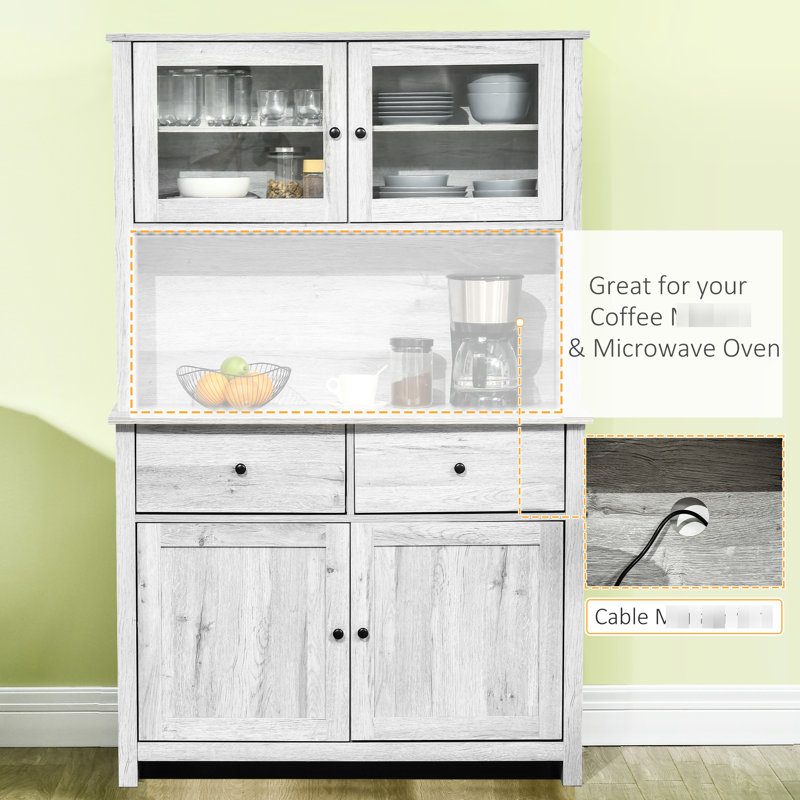 Armoire de cuisine de 63,5 po avec rangement et garde-manger, 4 tablettes, tiroirs, gris cendré, portes en verre, buffet ouvert au comptoir pour micro-ondes, rehausse l'apparence