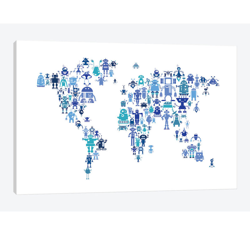 « world map series : teintes blue robots », impression sur toile tendue, H 12 po x l 18 po x P 1,5 po, Toile tendue
