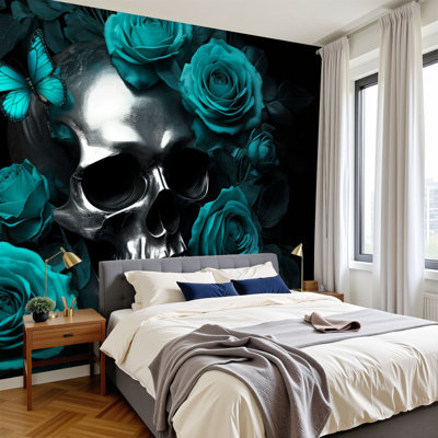 Papier peint adhésif auto-adhésif moderne l 144 po x H 100 po pour chambre à coucher, crâne gothique, sarcelle, roses, papillon, art rétro, fleurs rétro