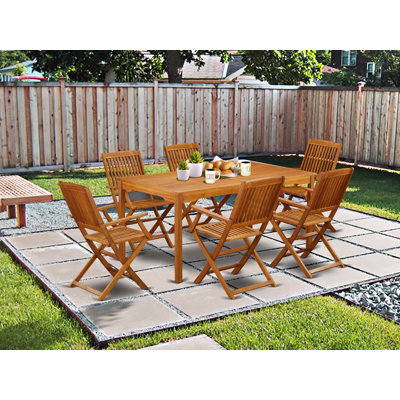 Ensemble de table de jardin 7 pièces composé d'une table de salle à manger d'extérieur rectangulaire en bois d'acacia et de 6 chaises à accoudoirs pliantes, 36 po x 66 po, huile naturelle
