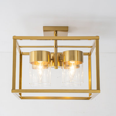 4-Light Antique Brass Semi-Flush Mount Ceiling Light With Clear Glass Shades, Modern Geometric Square Cage Design For Bedroom Hallway Kitchen, E12 Base UL Listed, 15 Inch