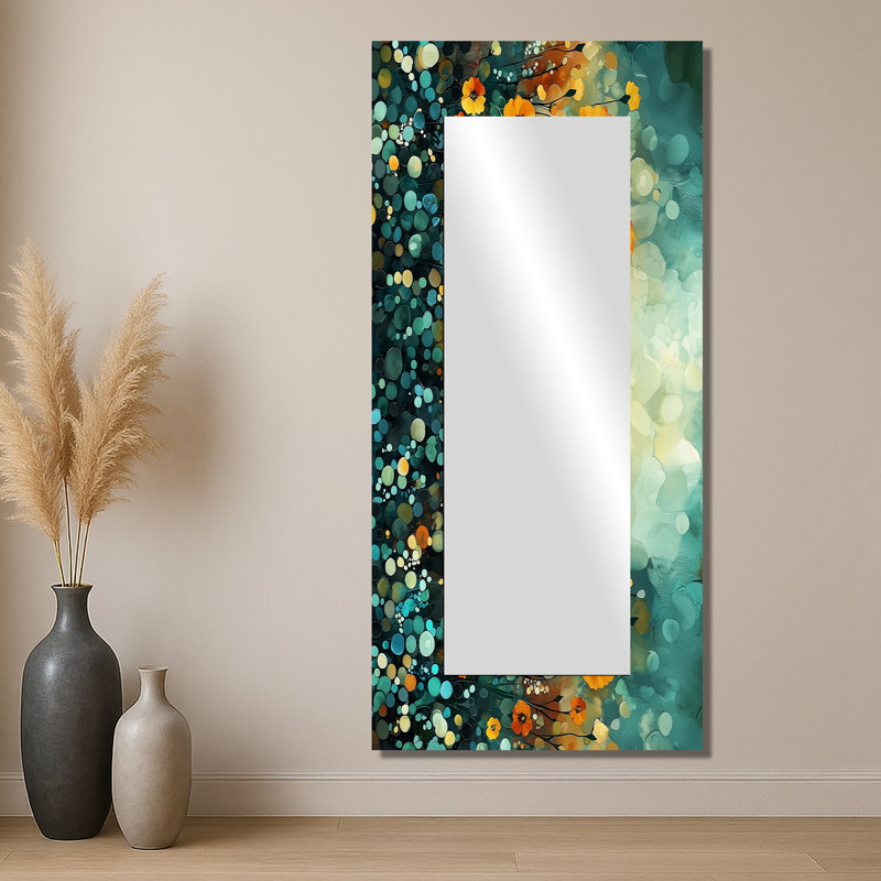 Sunset Marigold Field Of Emeral Layers I - Floral Wall Mirror Art - Printed On Metal, 28" x 60"