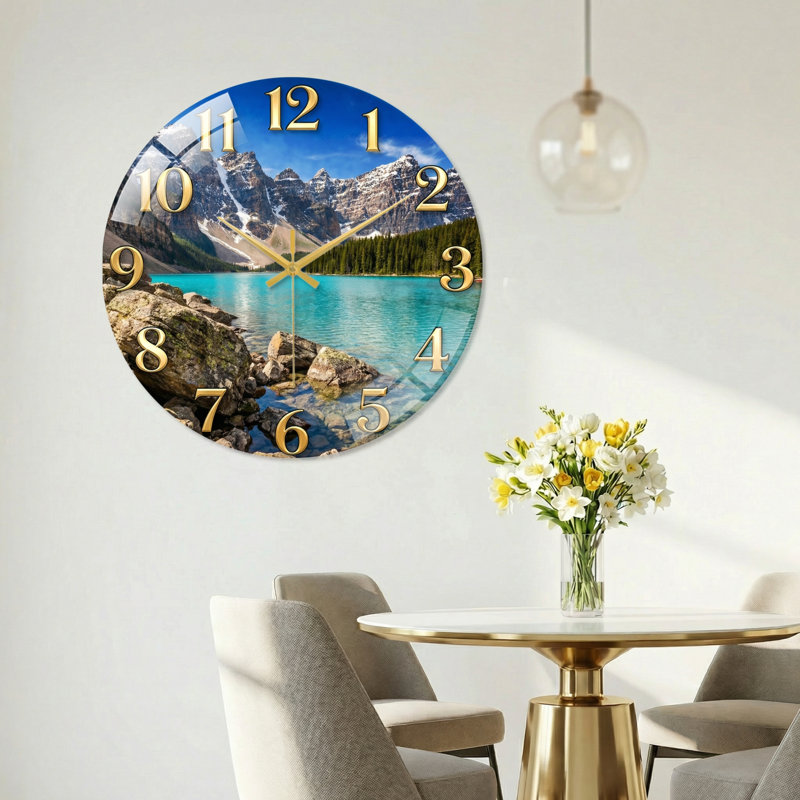"Mountain Lake", horloge murale en verre, 60 x 60 cm (23,6 x 23,6 pouces)