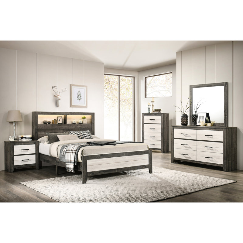 Grand lit avec tête de lit à profil bas et éclairage intégré, gris beige, tête de lit de rangement contemporaine, profil bas, bois beige, tablettes