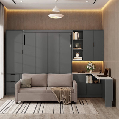 Grand lit escamotable crème avec canapé en velours vert, rangement et éclairage intelligent - Solution tout-en-un pour économiser de l'espace