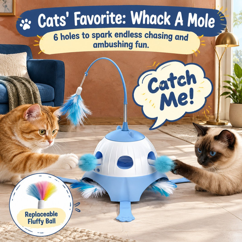 En bleu, ce jouet interactif 3 en 1 pour chat combine le jeu du tape-taupe avec une baguette à plumes rotative et une queue en peluche.