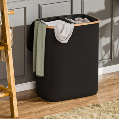 Double Laundry Hamper With Lid, 150L Large Laundry Basket With Bamboo Handles, 2 Removable Liner Bags