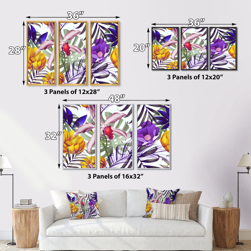 Fleurs tropicales rétro, ensemble de 3 toiles encadrées traditionnelles, Brun, H 32 po x l 48 po x P 1 po