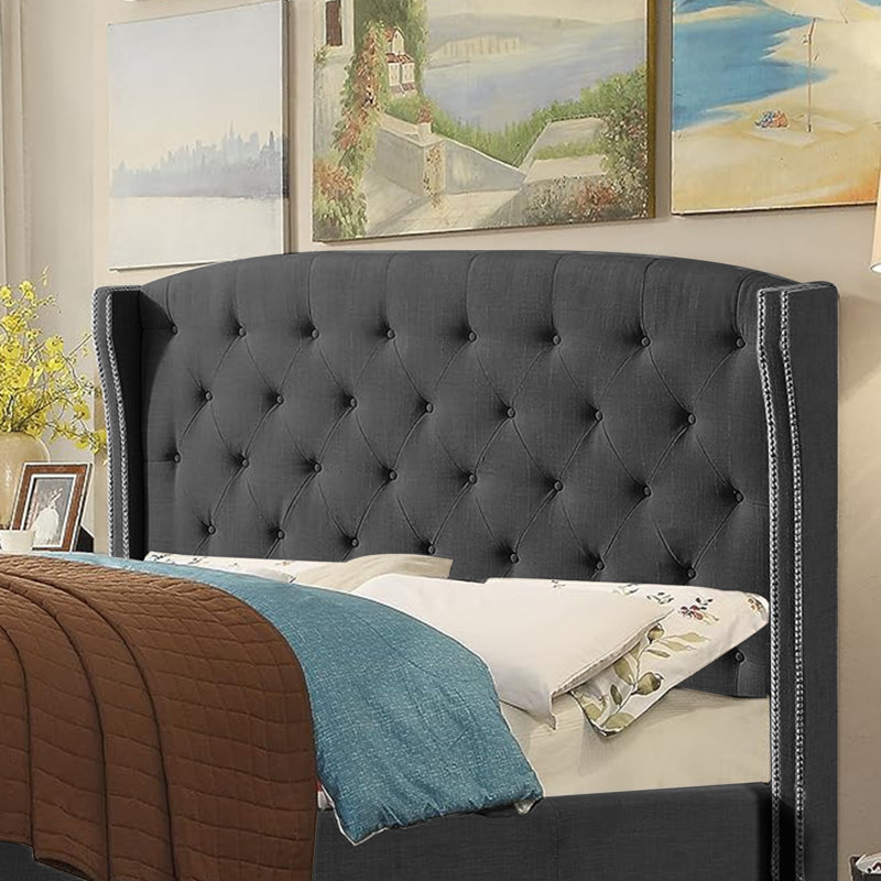 Tête de lit tapissier à oreilles en lin avec garniture cloutée double et capitonnage pour chambre à coucher, Double, Noir