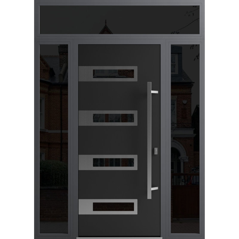 Porte avant en acier pré-suspendue à l'avant / émail noir Ronex 0131/2 portes latérales et latérales extérieures en acier inoxydable Sidelite / entrée en métal peinte de style moderne W16 + 36 + 16 "x H80 + 16" à gauche