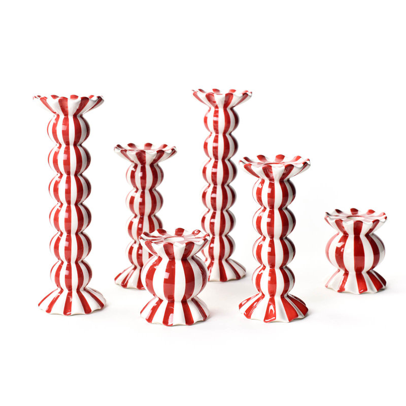 Red Stripe Knobbed Candle Holder With Ruffle 6 Piece Set