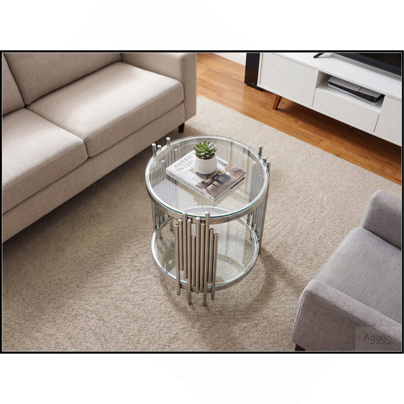 Table de bout ronde de luxe avec plateau en verre trempé transparent à 2 niveaux et structure en acier inoxydable argenté, table d'appoint moderne pour le salon, la chambre à coucher, le bureau ou le café