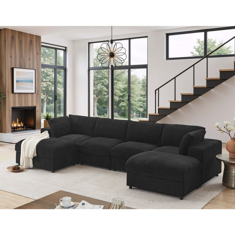 Canapé modulaire réversible en velours côtelé, Velours côtelé noir, L 132 po