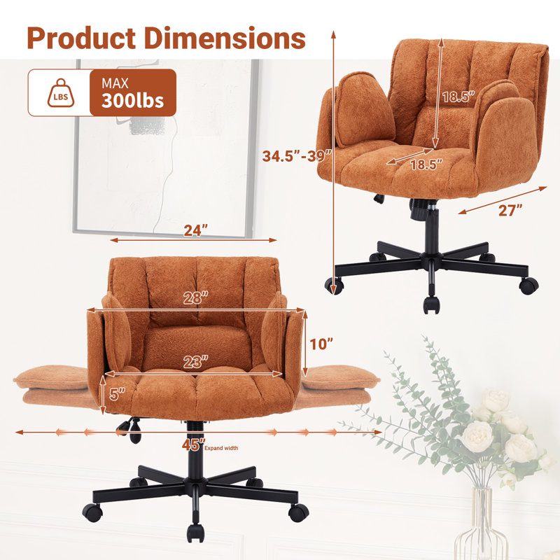 Criss Cross Office Chair with 6-Gear Adjustable Armrests, Wide Seat Fabric Desk Chair with Wheels, Adjustable Lumbar Support, 300 lb Swivel Vanity Chair for Home Office, Makeup Room, Bedroom