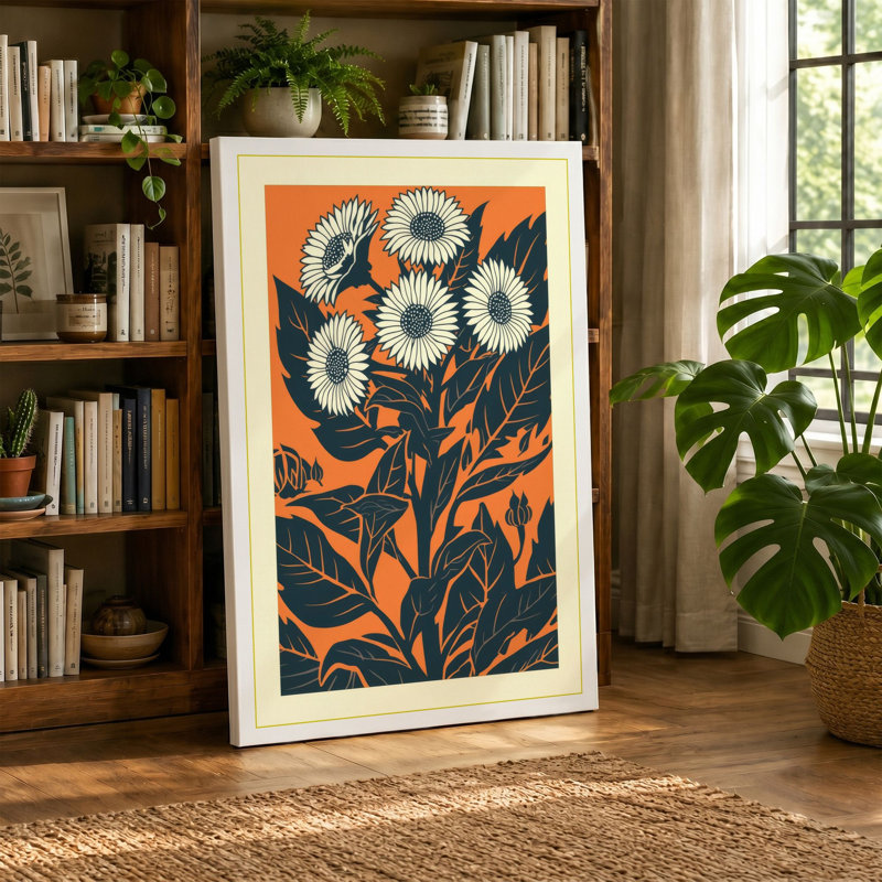 Daisy Stems in Black Botanical - Wrapped Canvas, 24x16 - 61.0 x 40.6 cm, Ochre Border