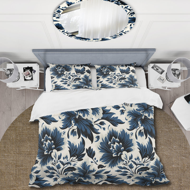 Ensemble de housse de couette en damas bleu et blanc Euphony I - Damask, Housse de couette pour très grand lit et 2 très